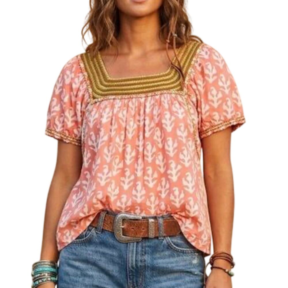 Sister Mary Boho Peasant Coral Print Green Brown Embroidered Neckline Top S